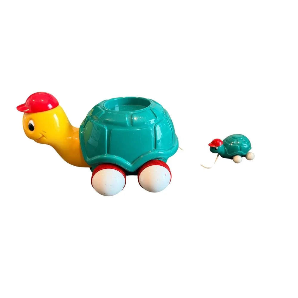 Vintage Tomy Toy Lot Push n Go Plane Stacking Caterpillar & Pull Along Turtle